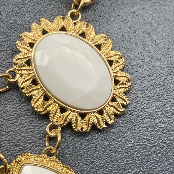 Gold White Statement Necklace 20 In Teardrop Rectangle Oval Charms Retro Vintage - Picture 9 of 11